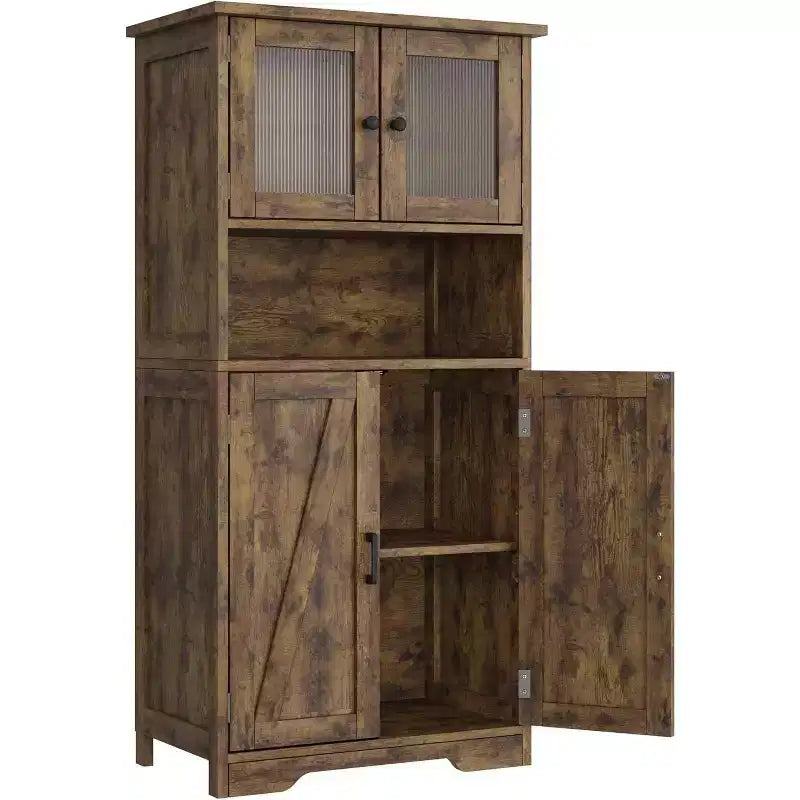 Mobiletto da bagno in stile rustico Acekool 54 con ante in vetro, ripiani regolabili e dispensa indipendente per cucina, soggiorno e sala da pranzo