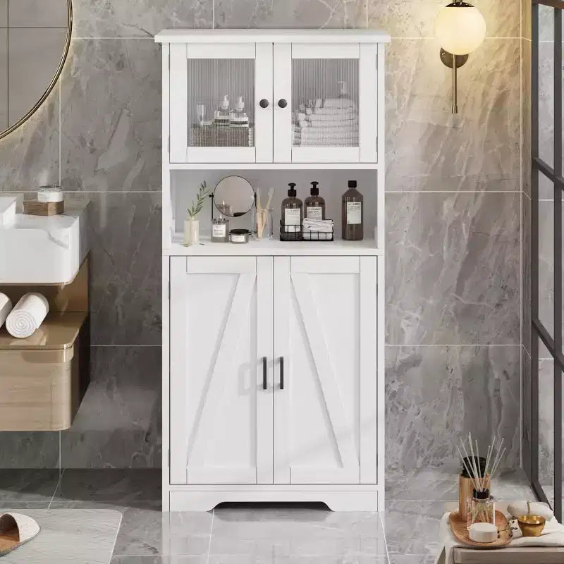 Mobiletto da bagno in stile rustico Acekool 54 con ante in vetro, ripiani regolabili e dispensa indipendente per cucina, soggiorno e sala da pranzo