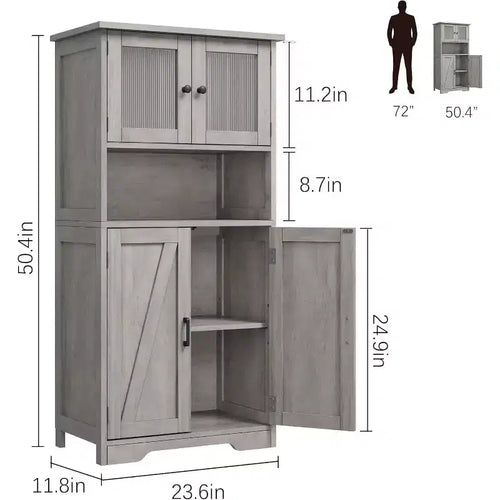 Mobiletto da bagno in stile rustico Acekool 54 con ante in vetro, ripiani regolabili e dispensa indipendente per cucina, soggiorno e sala da pranzo