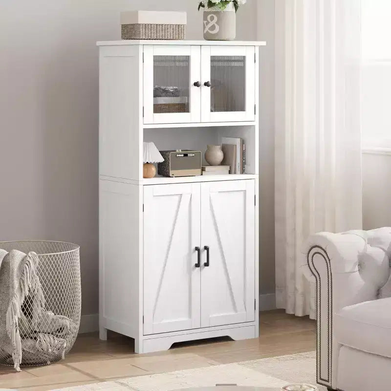 Mobiletto da bagno in stile rustico Acekool 54 con ante in vetro, ripiani regolabili e dispensa indipendente per cucina, soggiorno e sala da pranzo