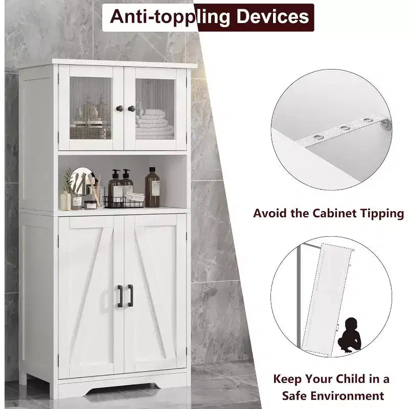 Mobiletto da bagno in stile rustico Acekool 54 con ante in vetro, ripiani regolabili e dispensa indipendente per cucina, soggiorno e sala da pranzo