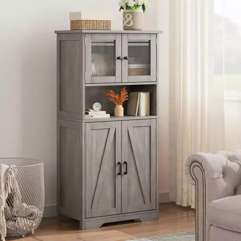 Mobiletto da bagno in stile rustico Acekool 54 con ante in vetro, ripiani regolabili e dispensa indipendente per cucina, soggiorno e sala da pranzo