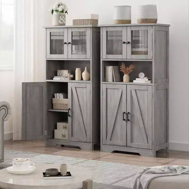 Mobiletto da bagno in stile rustico Acekool 54 con ante in vetro, ripiani regolabili e dispensa indipendente per cucina, soggiorno e sala da pranzo