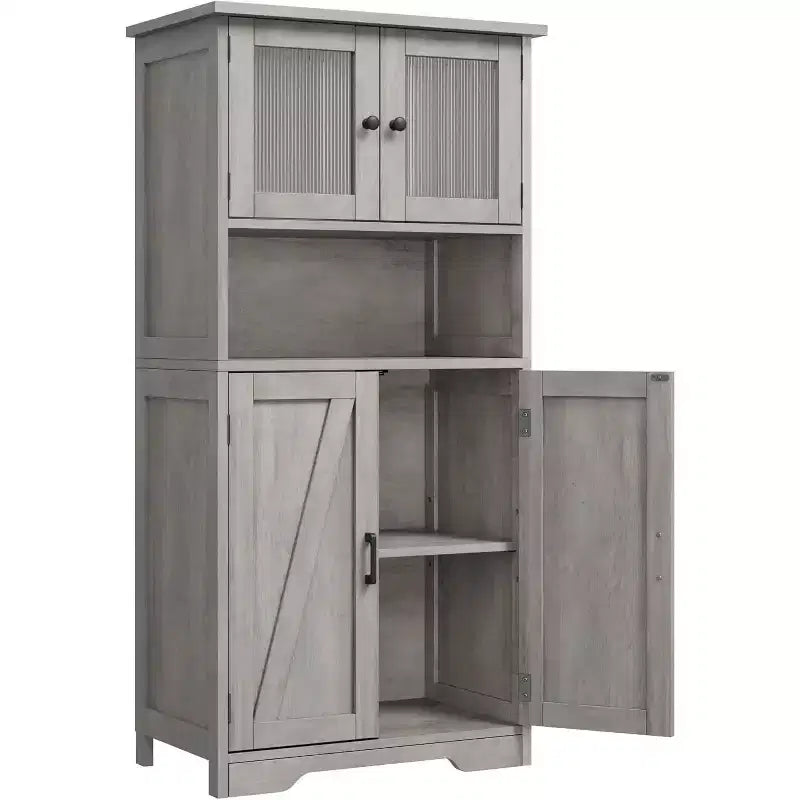 Mobiletto da bagno in stile rustico Acekool 54 con ante in vetro, ripiani regolabili e dispensa indipendente per cucina, soggiorno e sala da pranzo