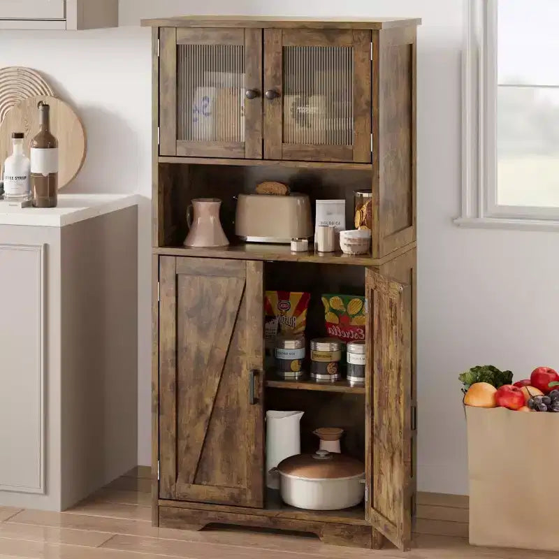 Mobiletto da bagno in stile rustico Acekool 54 con ante in vetro, ripiani regolabili e dispensa indipendente per cucina, soggiorno e sala da pranzo