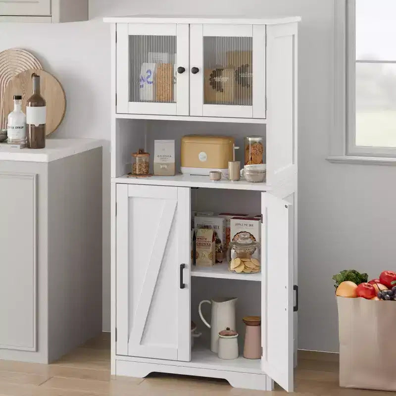 Mobiletto da bagno in stile rustico Acekool 54 con ante in vetro, ripiani regolabili e dispensa indipendente per cucina, soggiorno e sala da pranzo