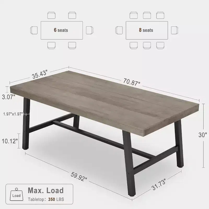 Tavolo da pranzo rustico in legno per 6-8 persone con robuste gambe in metallo nero, design industriale rettangolare, perfetto per cucina, sala da pranzo, soggiorno
