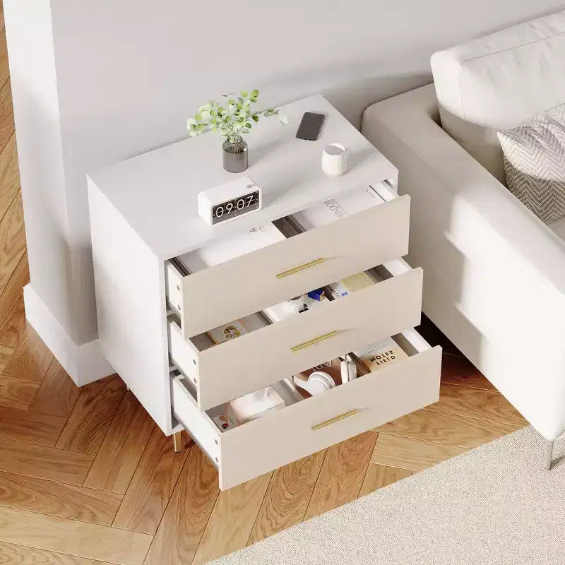 Comodino Moderno Bianco per Camera da Letto, Cassettiera a 3 Cassetti, Tavolino Comodino Piccolo, Comodino in Legno con Cassetti per Camera da Letto, Soggiorno