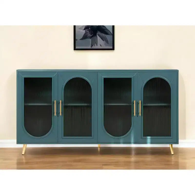 HomeRoots Credenza a quattro ante con texture a coste blu petrolio, 60 pollici