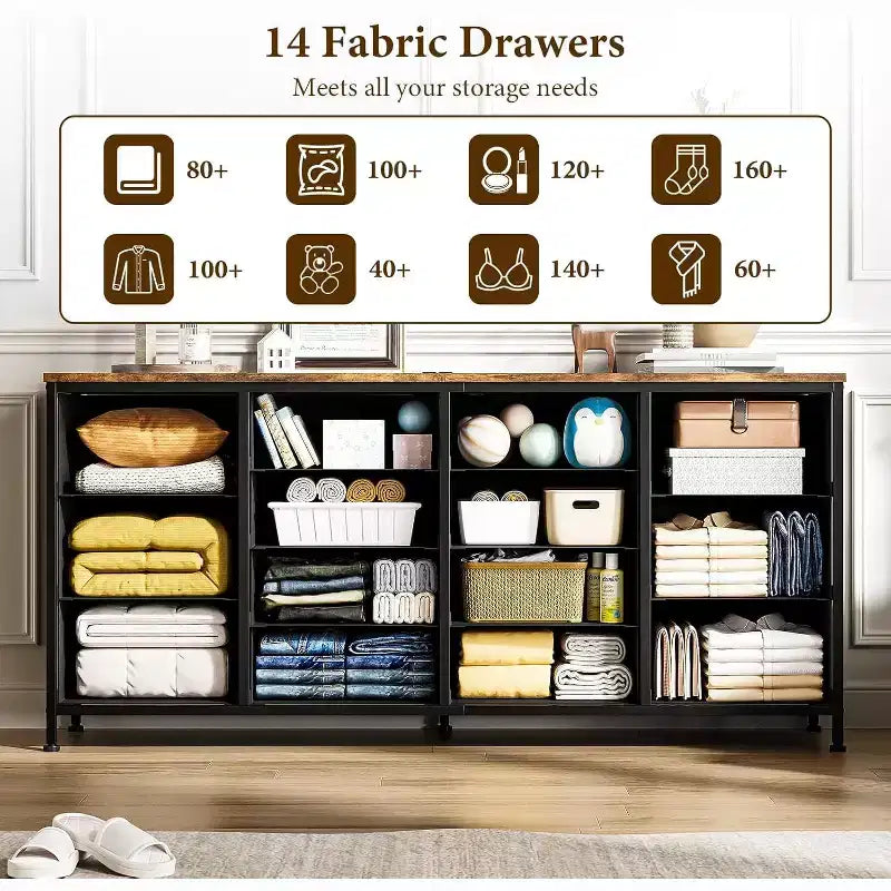 Comò porta TV extra largo da 160 cm con 14 cassetti in tessuto e alimentazione/USB integrata, mobile TV per televisori da 65-75 pollici, organizer per camera da letto