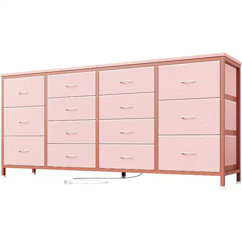 Comò porta TV extra largo da 160 cm con 14 cassetti in tessuto e alimentazione/USB integrata, mobile TV per televisori da 65-75 pollici, organizer per camera da letto