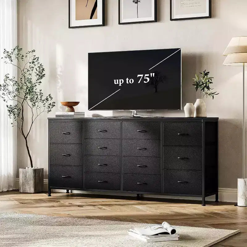 Comò porta TV extra largo da 160 cm con 14 cassetti in tessuto e alimentazione/USB integrata, mobile TV per televisori da 65-75 pollici, organizer per camera da letto