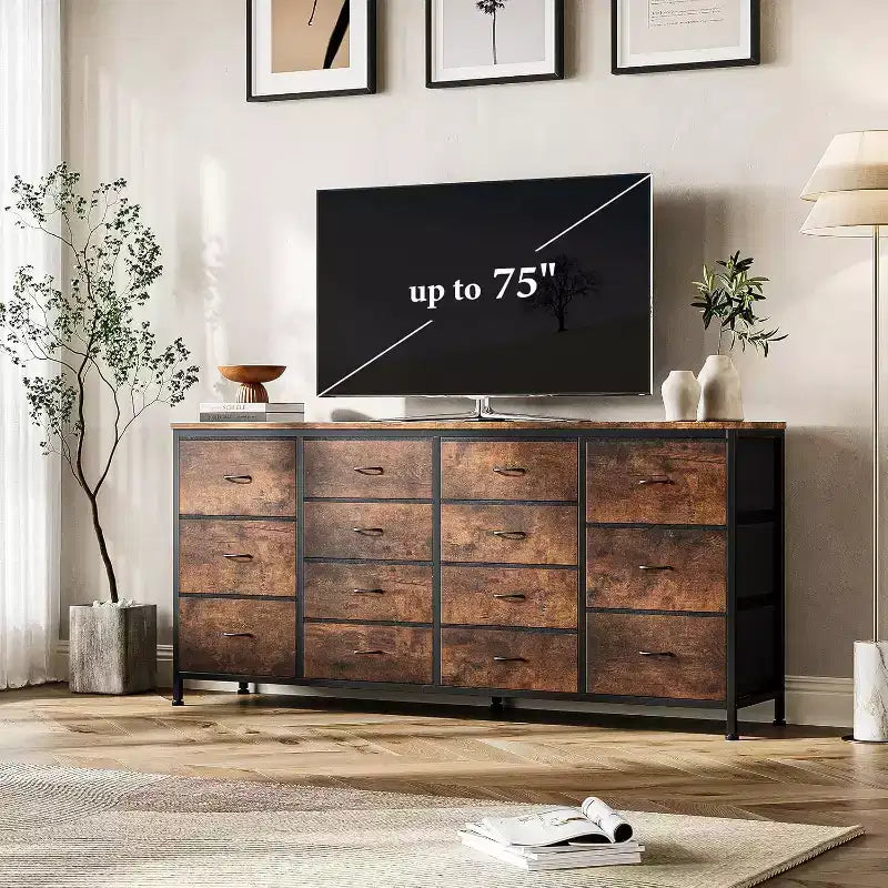 Comò porta TV extra largo da 160 cm con 14 cassetti in tessuto e alimentazione/USB integrata, mobile TV per televisori da 65-75 pollici, organizer per camera da letto