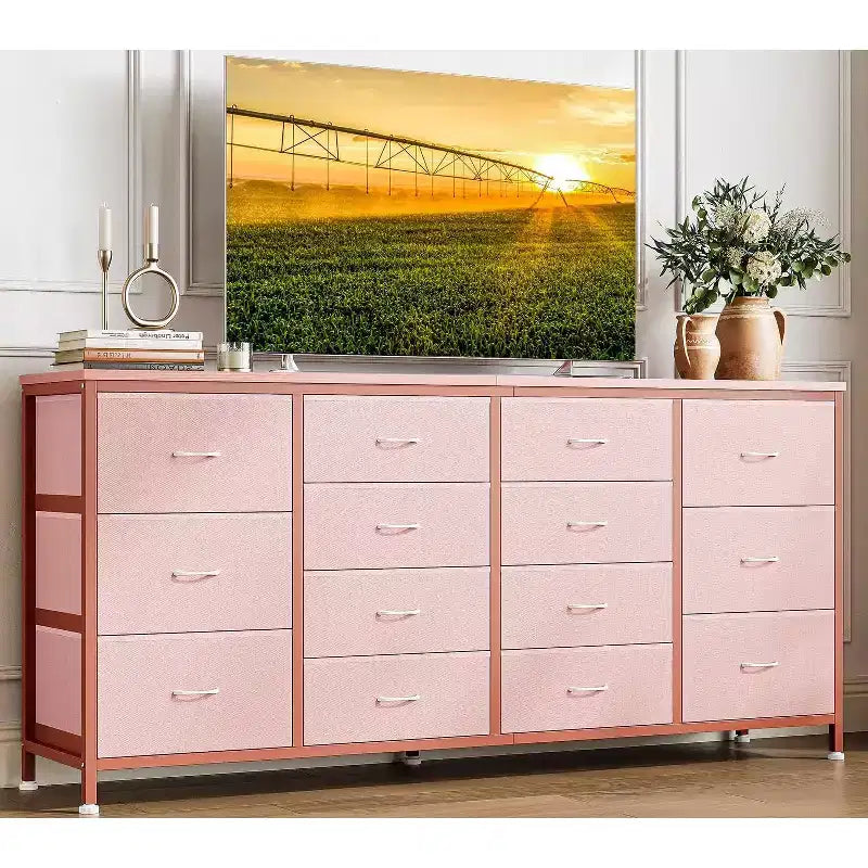 Comò porta TV extra largo da 160 cm con 14 cassetti in tessuto e alimentazione/USB integrata, mobile TV per televisori da 65-75 pollici, organizer per camera da letto