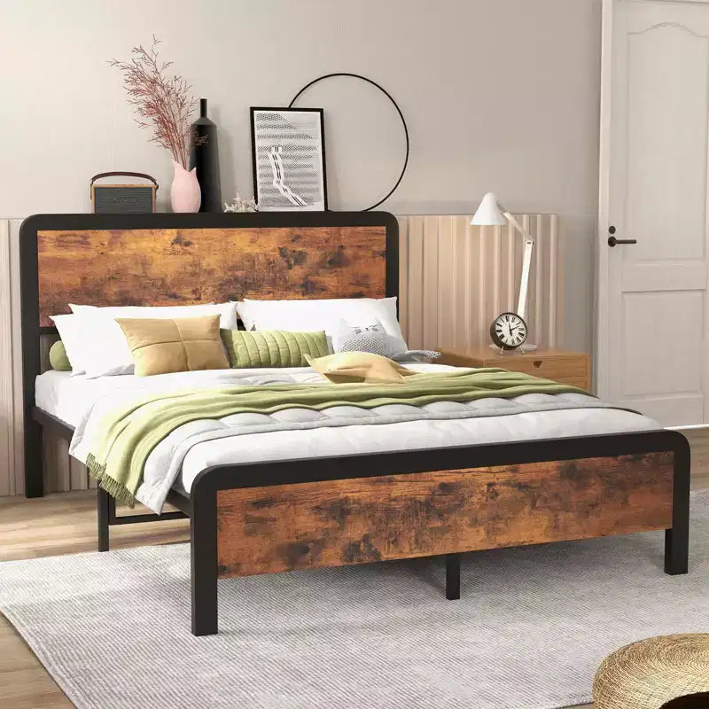 Bed Frame with Wood Headboard, Metal Platform Frame with Rounded Corner, 12 Storage Space Under