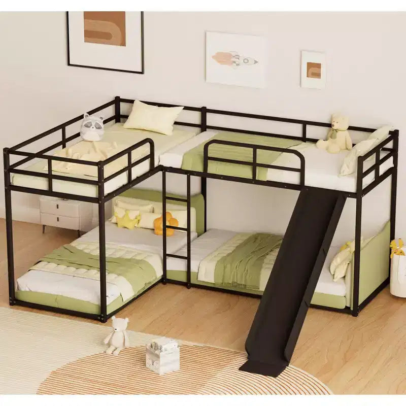 GDFStudio Hobson 4-Person L-Shaped Bunk Bed with Slide, 113, Modern Design