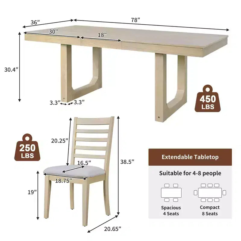Set da pranzo allungabile MAYEERTY di 7 pezzi, tavolo rustico da 78" e 6 sedie