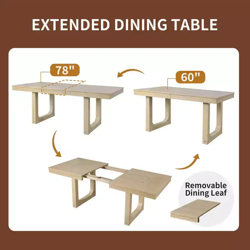 Set da pranzo allungabile MAYEERTY di 7 pezzi, tavolo rustico da 78" e 6 sedie