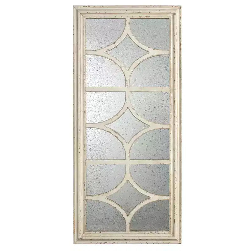 Specchio da parete rettangolare 28 x 59 pollici con cornice bianca invecchiata e design a finestra