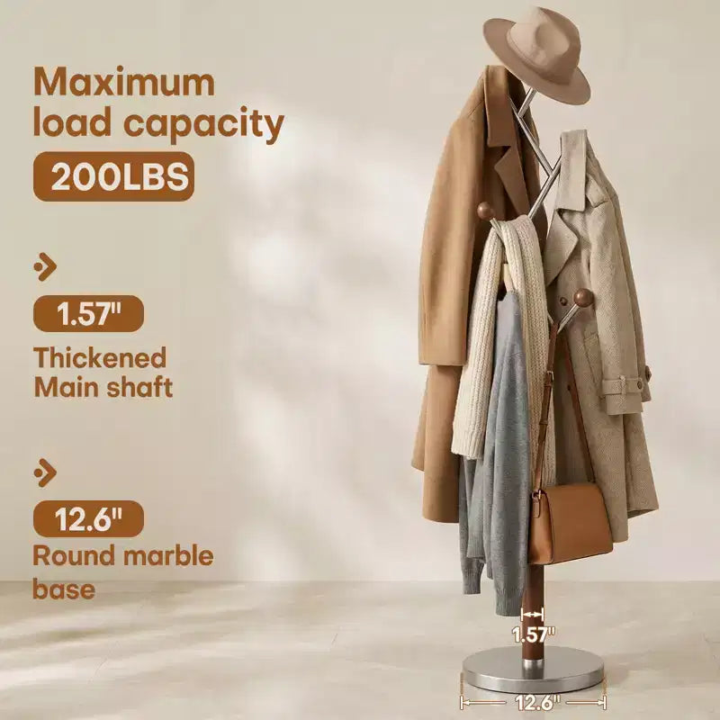 Appendiabiti da terra Bekrvio con base in marmo pesante, albero appendiabiti in metallo extra-stabile con 8/9 ganci in legno massiccio per vestiti, cappelli e borse