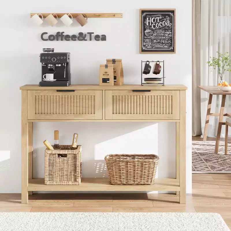 COZONY Tavolino Consolle Scanalato da 43" con 2 Cassetti Burlywood, Tavolo da Divano/Ingresso in Legno a 2 Livelli