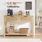 COZONY Tavolino Consolle Scanalato da 43" con 2 Cassetti Burlywood, Tavolo da Divano/Ingresso in Legno a 2 Livelli