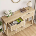 COZONY Tavolino Consolle Scanalato da 43" con 2 Cassetti Burlywood, Tavolo da Divano/Ingresso in Legno a 2 Livelli