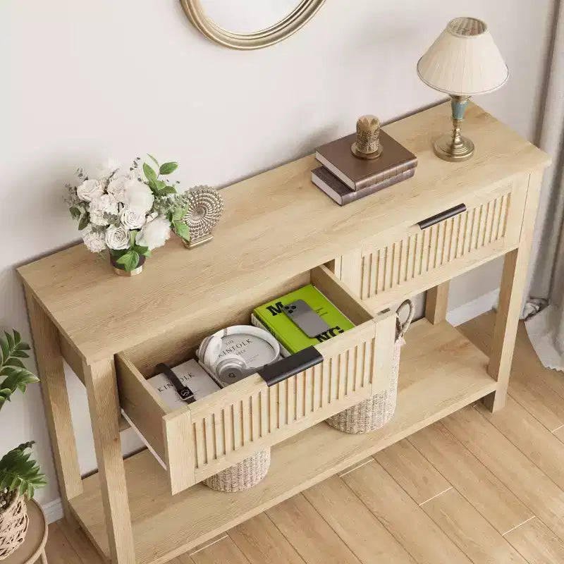 COZONY Tavolino Consolle Scanalato da 43" con 2 Cassetti Burlywood, Tavolo da Divano/Ingresso in Legno a 2 Livelli