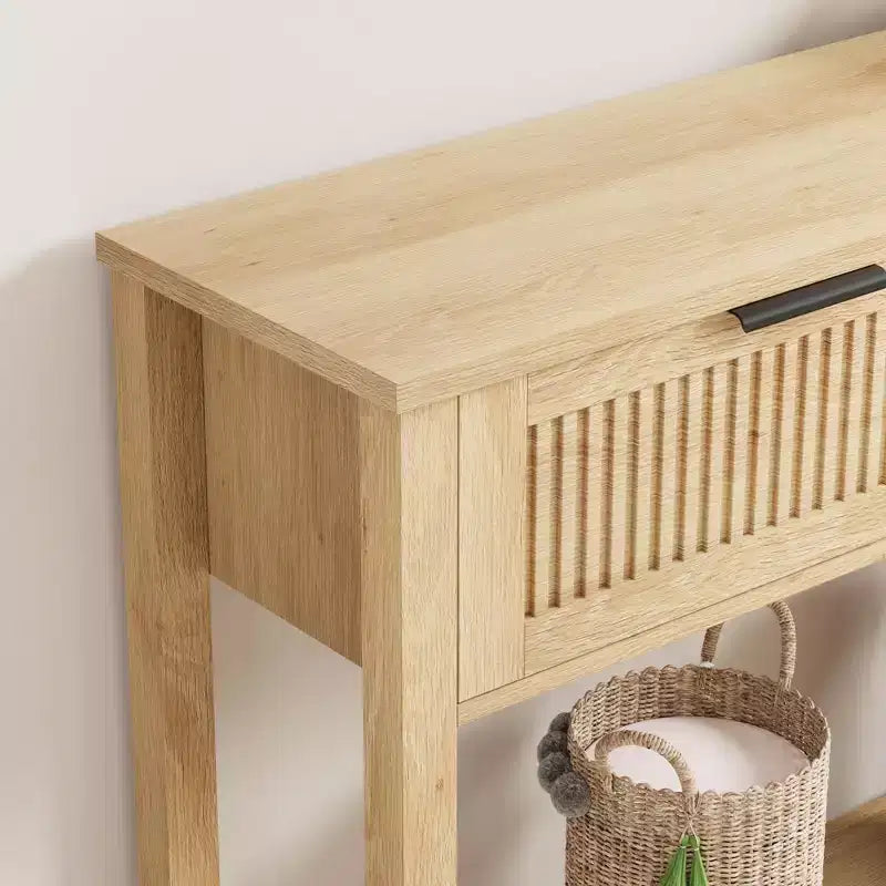 COZONY Tavolino Consolle Scanalato da 43" con 2 Cassetti Burlywood, Tavolo da Divano/Ingresso in Legno a 2 Livelli