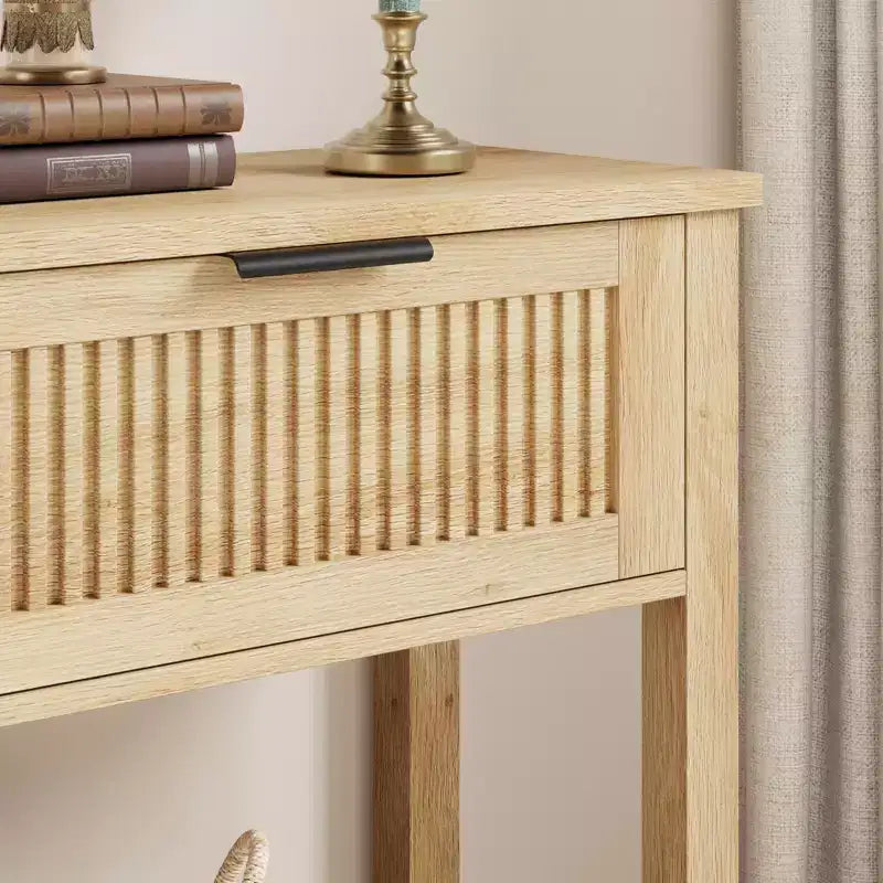 COZONY Tavolino Consolle Scanalato da 43" con 2 Cassetti Burlywood, Tavolo da Divano/Ingresso in Legno a 2 Livelli