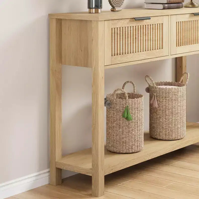 COZONY Tavolino Consolle Scanalato da 43" con 2 Cassetti Burlywood, Tavolo da Divano/Ingresso in Legno a 2 Livelli