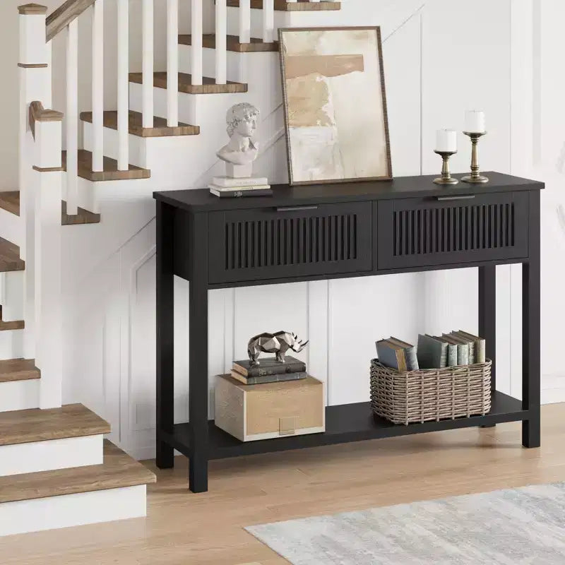 COZONY Tavolino Consolle Scanalato da 43" con 2 Cassetti Burlywood, Tavolo da Divano/Ingresso in Legno a 2 Livelli