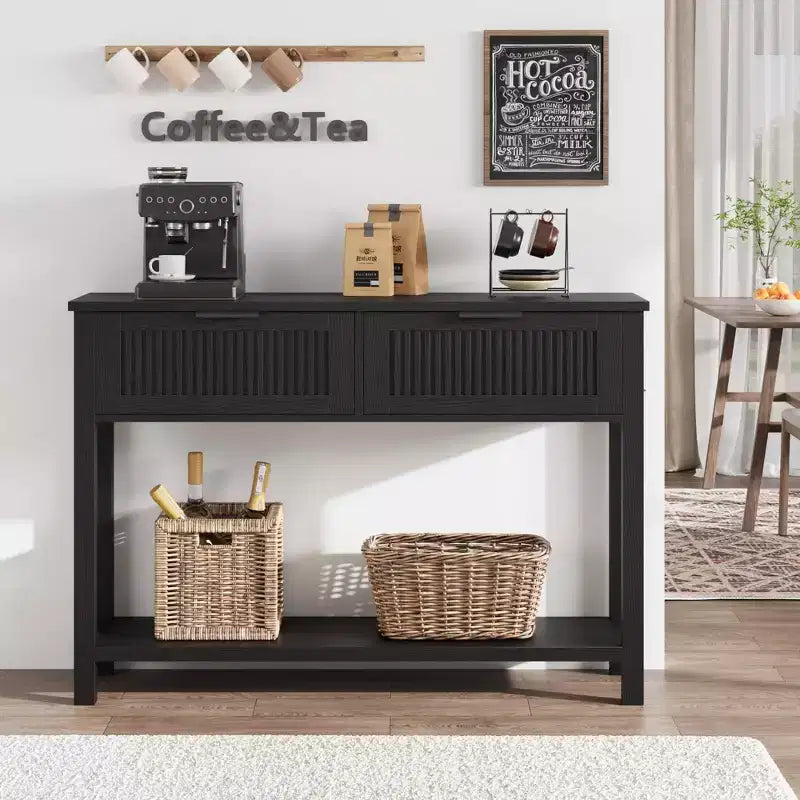 COZONY Tavolino Consolle Scanalato da 43" con 2 Cassetti Burlywood, Tavolo da Divano/Ingresso in Legno a 2 Livelli