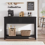 COZONY Tavolino Consolle Scanalato da 43" con 2 Cassetti Burlywood, Tavolo da Divano/Ingresso in Legno a 2 Livelli
