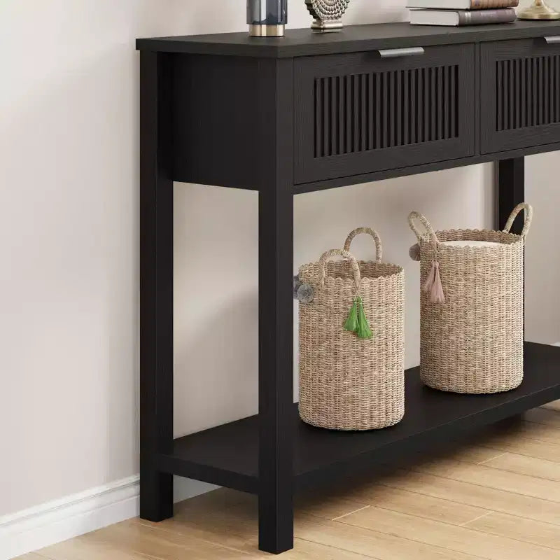 COZONY Tavolino Consolle Scanalato da 43" con 2 Cassetti Burlywood, Tavolo da Divano/Ingresso in Legno a 2 Livelli