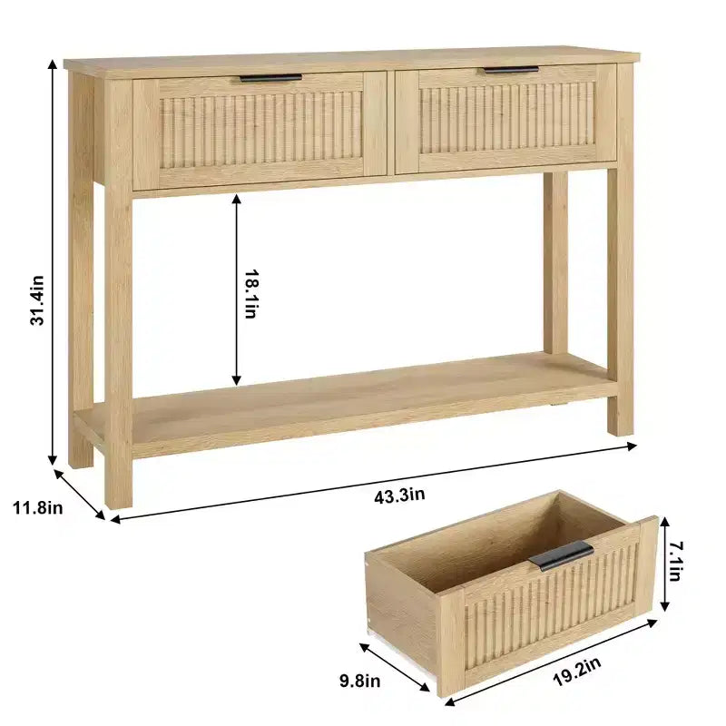 COZONY Tavolino Consolle Scanalato da 43" con 2 Cassetti Burlywood, Tavolo da Divano/Ingresso in Legno a 2 Livelli