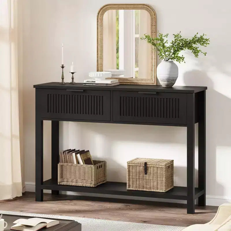 COZONY 43 Fluted Console Table with Burlywood 2 Drawers, 2-Tier Wooden Entryway Sofa Table