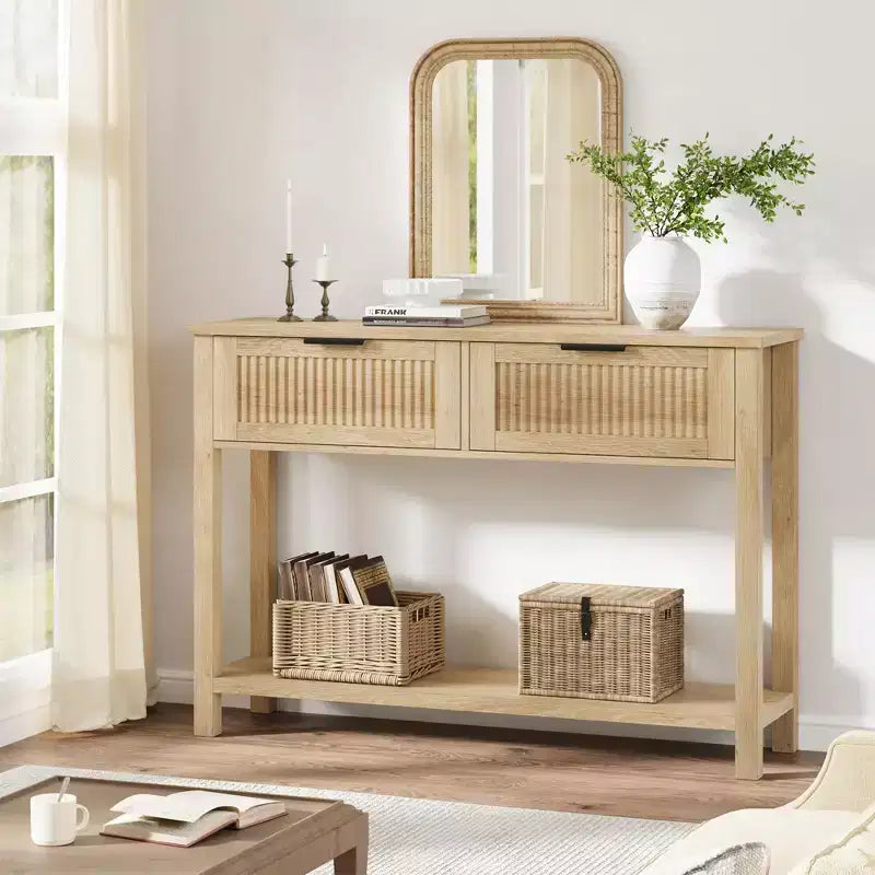 COZONY Tavolino Consolle Scanalato da 43" con 2 Cassetti Burlywood, Tavolo da Divano/Ingresso in Legno a 2 Livelli