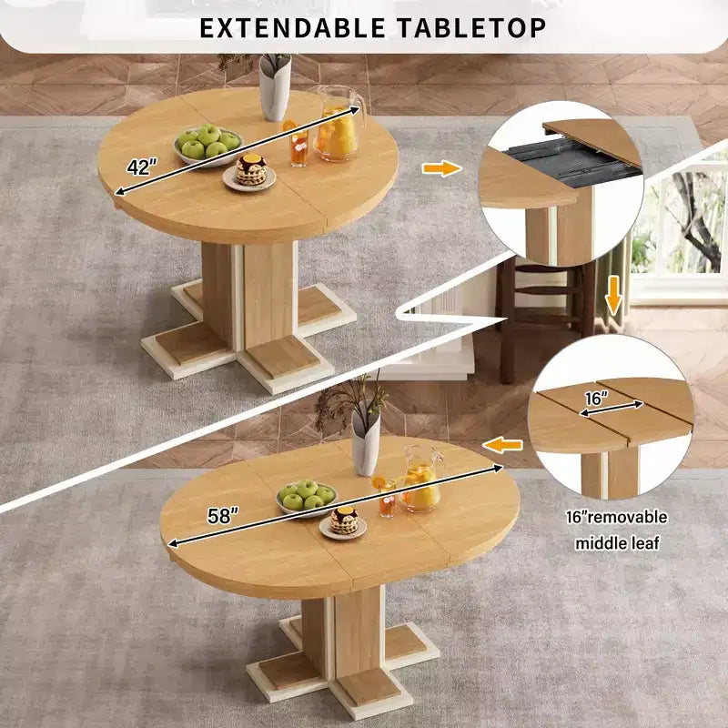 Tavolo da pranzo allungabile Clihome con prolunga centrale da 16 pollici, tavolo da pranzo ovale da 42''-58'' per 6 persone, tavolo da pranzo rotondo retrò in legno massello a doppio strato