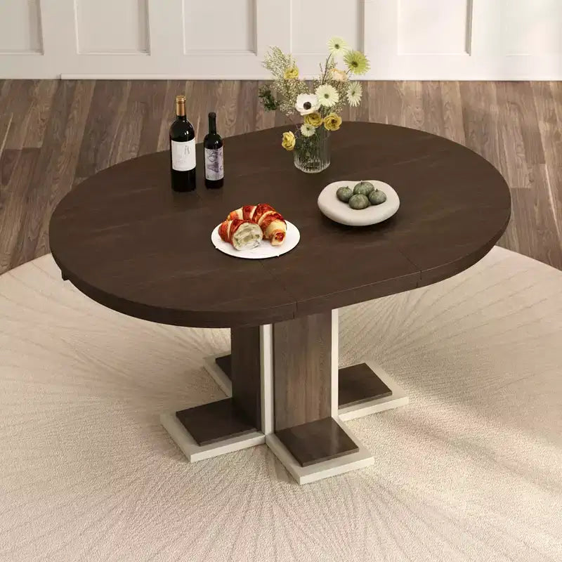 Tavolo da pranzo allungabile Clihome con prolunga centrale da 16 pollici, tavolo da pranzo ovale da 42''-58'' per 6 persone, tavolo da pranzo rotondo retrò in legno massello a doppio strato