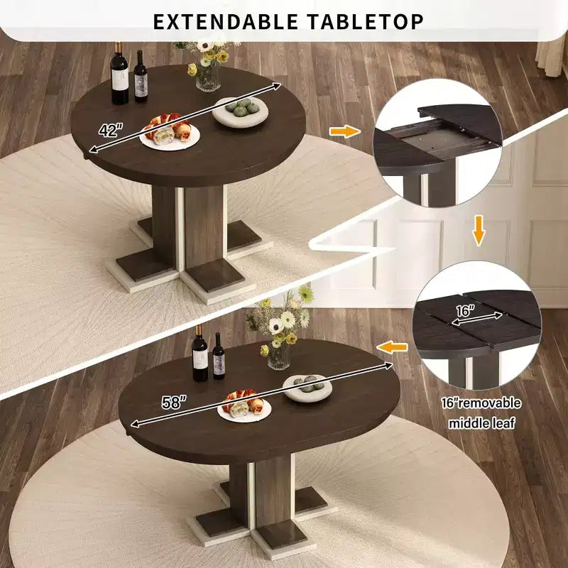 Tavolo da pranzo allungabile Clihome con prolunga centrale da 16 pollici, tavolo da pranzo ovale da 42''-58'' per 6 persone, tavolo da pranzo rotondo retrò in legno massello a doppio strato