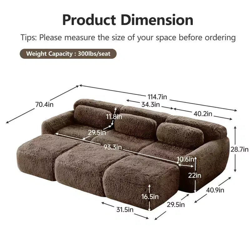 Divano componibile a 3 posti con pouf, schiuma HD 32D, nessun montaggio richiesto, base antiscivolo, per soggiorno/home theater