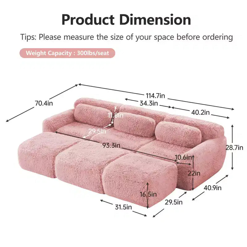 Divano componibile a 3 posti con pouf, schiuma HD 32D, nessun montaggio richiesto, base antiscivolo, per soggiorno/home theater