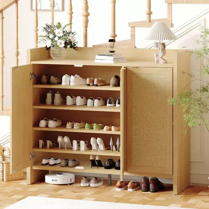 COZONY Scarpiera Multi-Livello con Ante in Rattan e Ripiani Regolabili per Ingresso e Corridoio