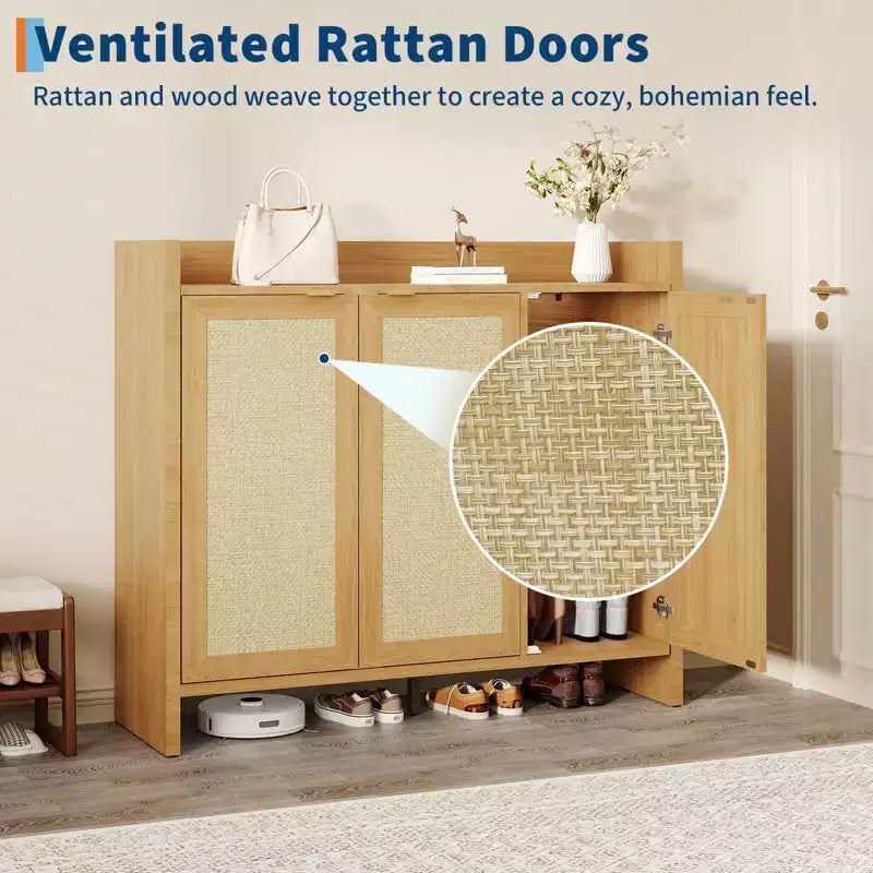 COZONY Scarpiera Multi-Livello con Ante in Rattan e Ripiani Regolabili per Ingresso e Corridoio