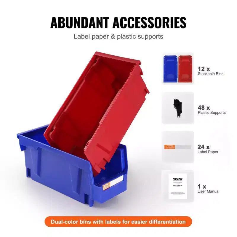 VIYET Confezione da 12 contenitori in plastica da 1155 pollici, contenitori impilabili resistenti e appendibili, blu/rosso, per cucina/armadio/dispensa/ufficio