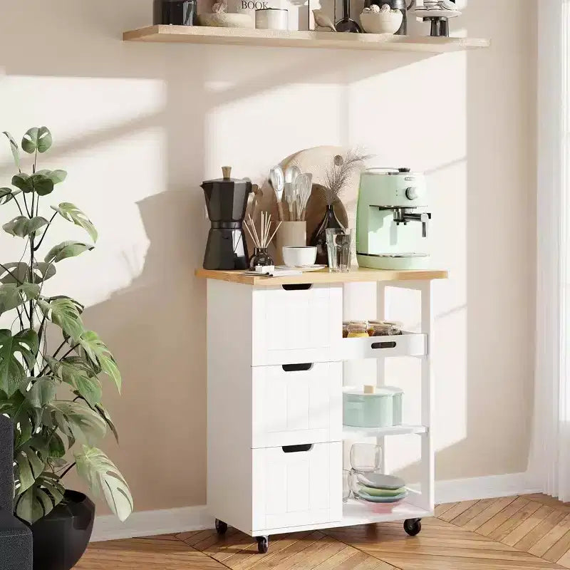 Carrello da cucina Celebalcony con ripiano, mobiletto da cucina su ruote con ripiano, tavolino su ruote, 3 ripiani aperti e cassetti per la cucina