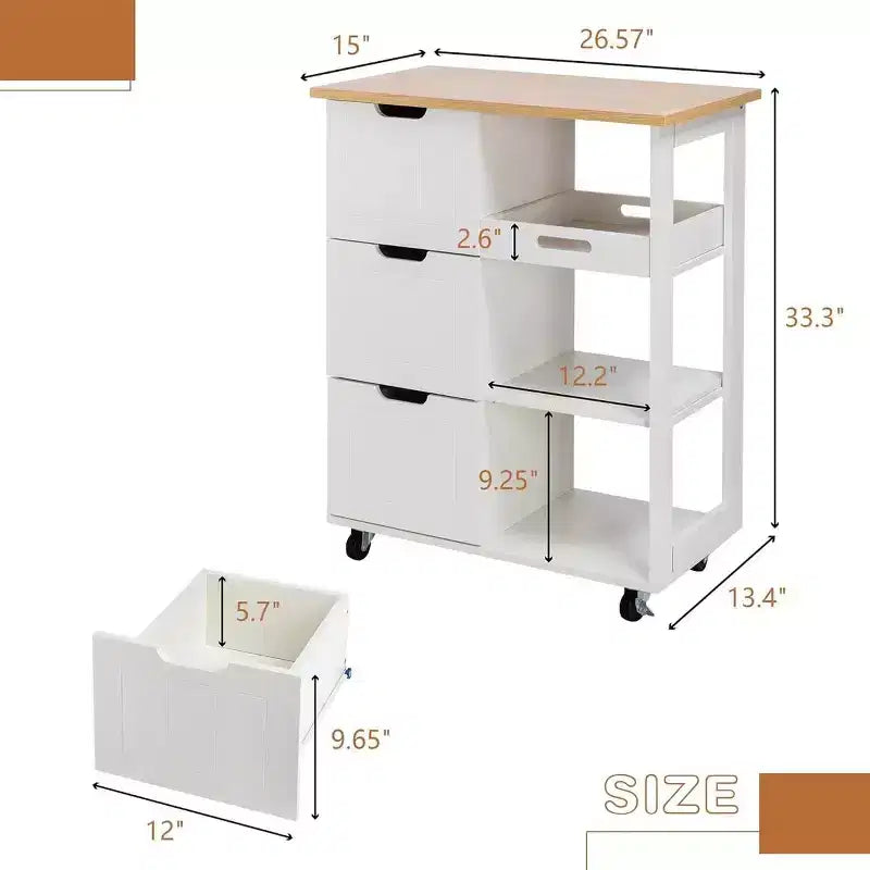 Carrello da cucina Celebalcony con ripiano, mobiletto da cucina su ruote con ripiano, tavolino su ruote, 3 ripiani aperti e cassetti per la cucina