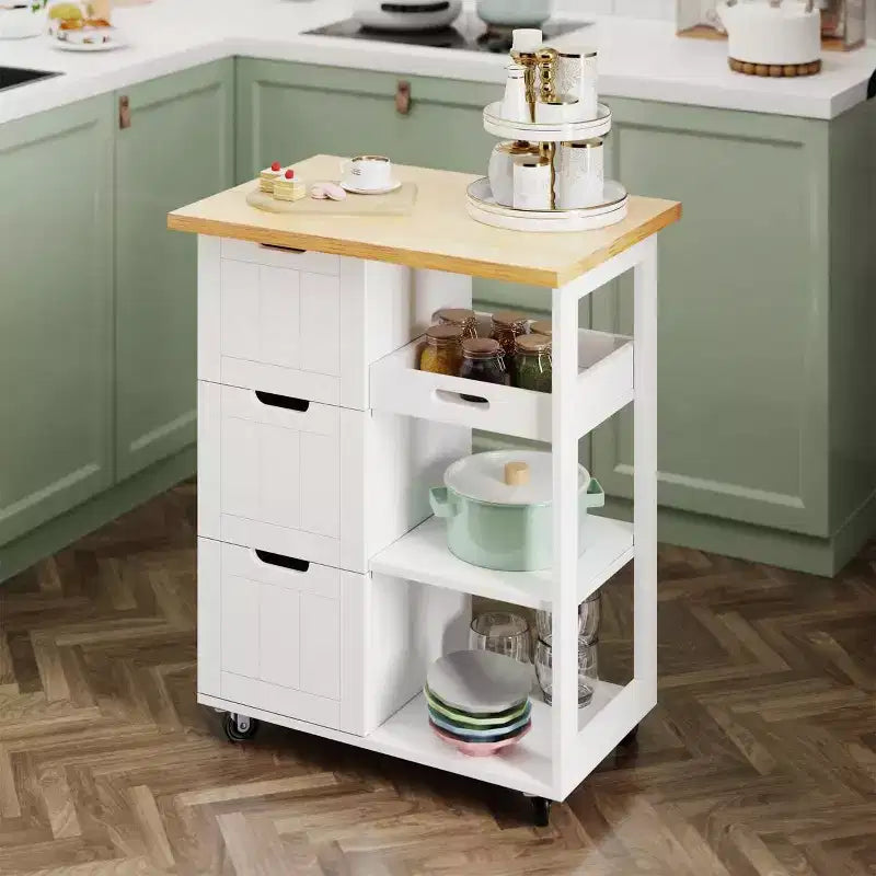 Carrello da cucina Celebalcony con ripiano, mobiletto da cucina su ruote con ripiano, tavolino su ruote, 3 ripiani aperti e cassetti per la cucina