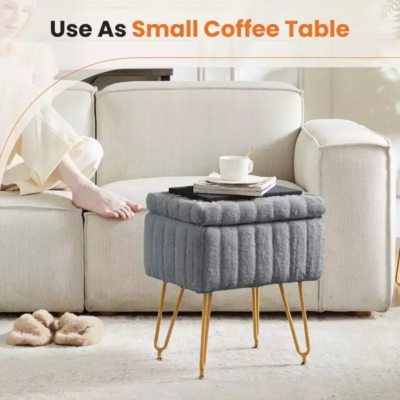 TUYOHW Poggiapiedi Ottomano Moderno con Contenitore, Rivestito in Pelliccia Sintetica, con Gambe in Metallo Antiscivolo, Panca Contenitore Rettangolare per Soggiorno, Ingresso